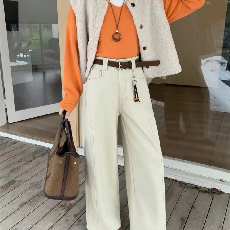 欧货时尚白色牛仔阔腿裤女2025年冬季加绒宽松遮跨显瘦弯刀裤长裤,女装/女士精品,牛仔裤,淘宝优惠券,粉丝福利购,淘宝优惠卷
