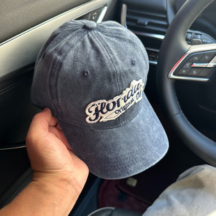 藏青色日系复古春秋水洗做旧字母棒球帽户外出行防晒鸭舌帽男女款