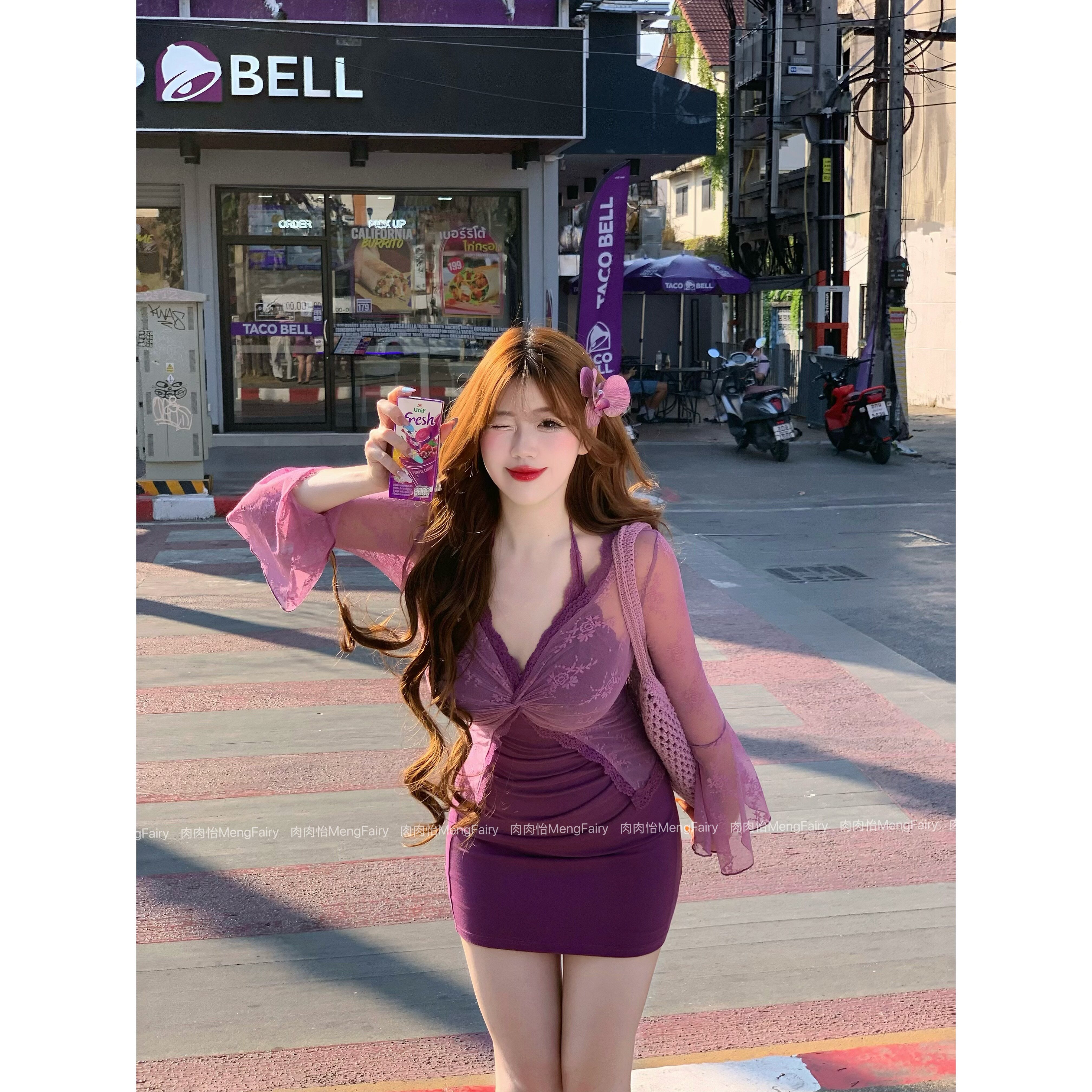 肉肉怡【葡萄冰淇淋】夏季假两件小个子喇叭袖上衣连衣裙