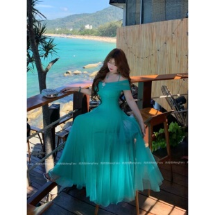 肉肉怡【翡翠涟漪】青绿色重工梦幻纱裙吊带裙多种穿法连衣裙