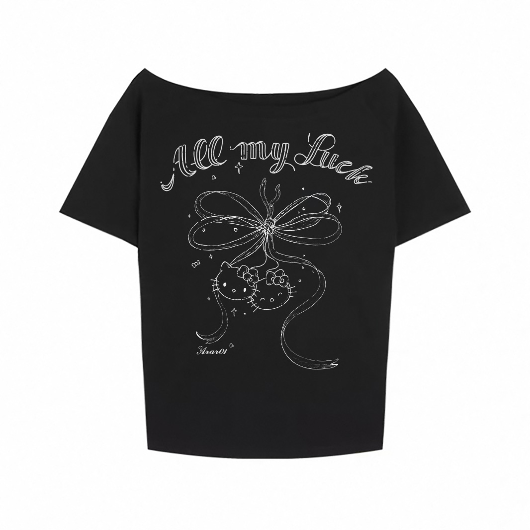 ARAR01 原创“蝴蝶结”漏肩斜开肩短袖T恤美式女宽松衣服装夏季