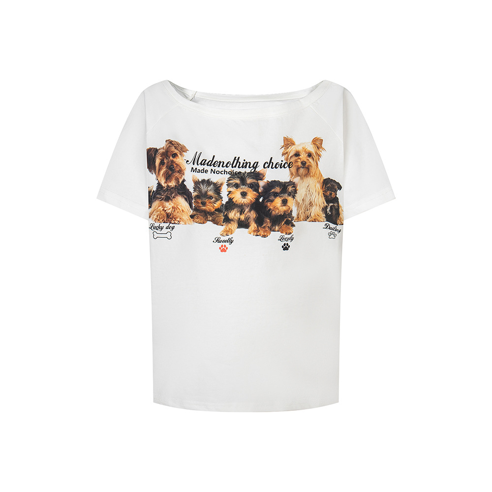 ARAR01 “一群小狗”一字漏肩斜开肩短袖T恤美式女宽松衣服装夏季