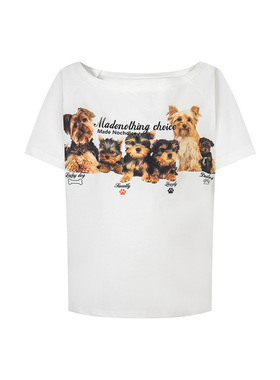 ARAR01 “一群小狗”一字漏肩斜开肩短袖T恤美式女宽松衣服装夏季