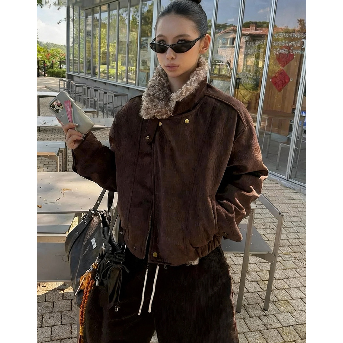 ARAR01 翻领毛领时髦街头复古设计感美拉德夹克加厚夹棉短外套