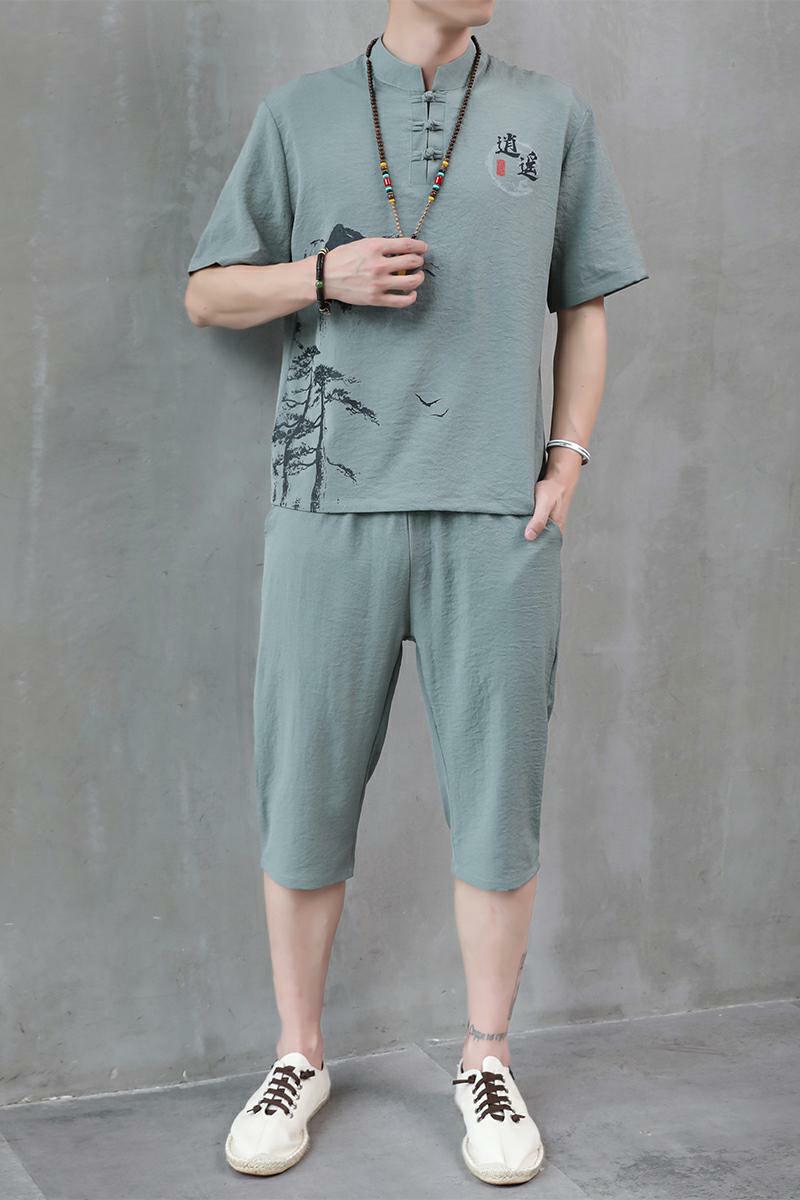 H1687P45夏季冰丝短袖男唐装套装男风汉服两件套中裤工作服,男装民族服装,星座1010A-2