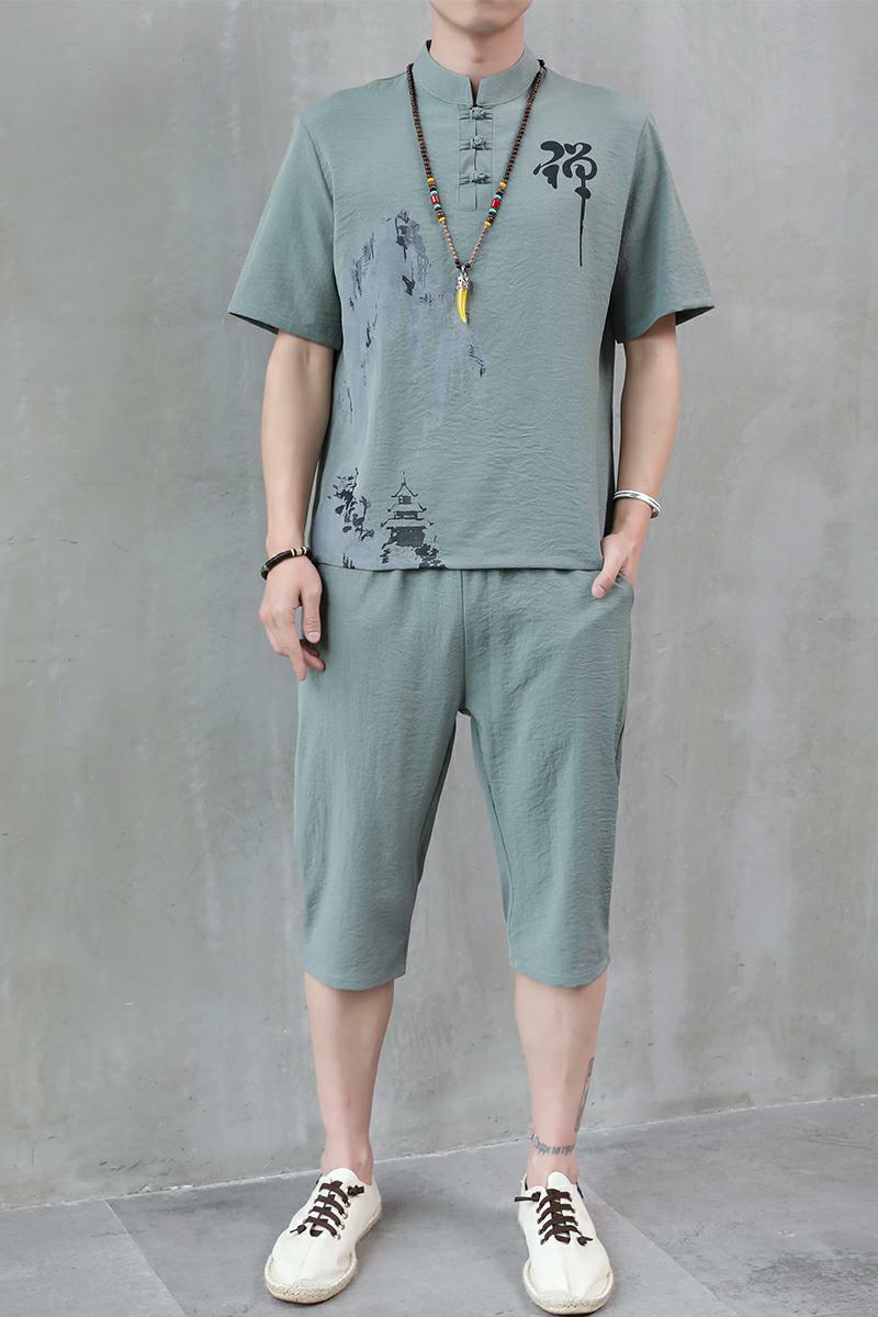 夏季新款男士唐装t恤禅服冰丝套装中裤风短袖衣服男H1689P45,男装休闲套装,星座1010A-2
