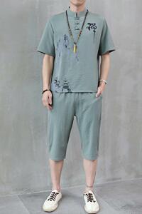 夏季新款男士唐装t恤禅服冰丝套装中裤风短袖衣服男H1689P45图片