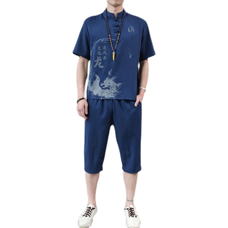 夏季冰丝短袖t恤男中裤风套装潮唐装印花工作服HP45,男装T恤,星座1010A-2