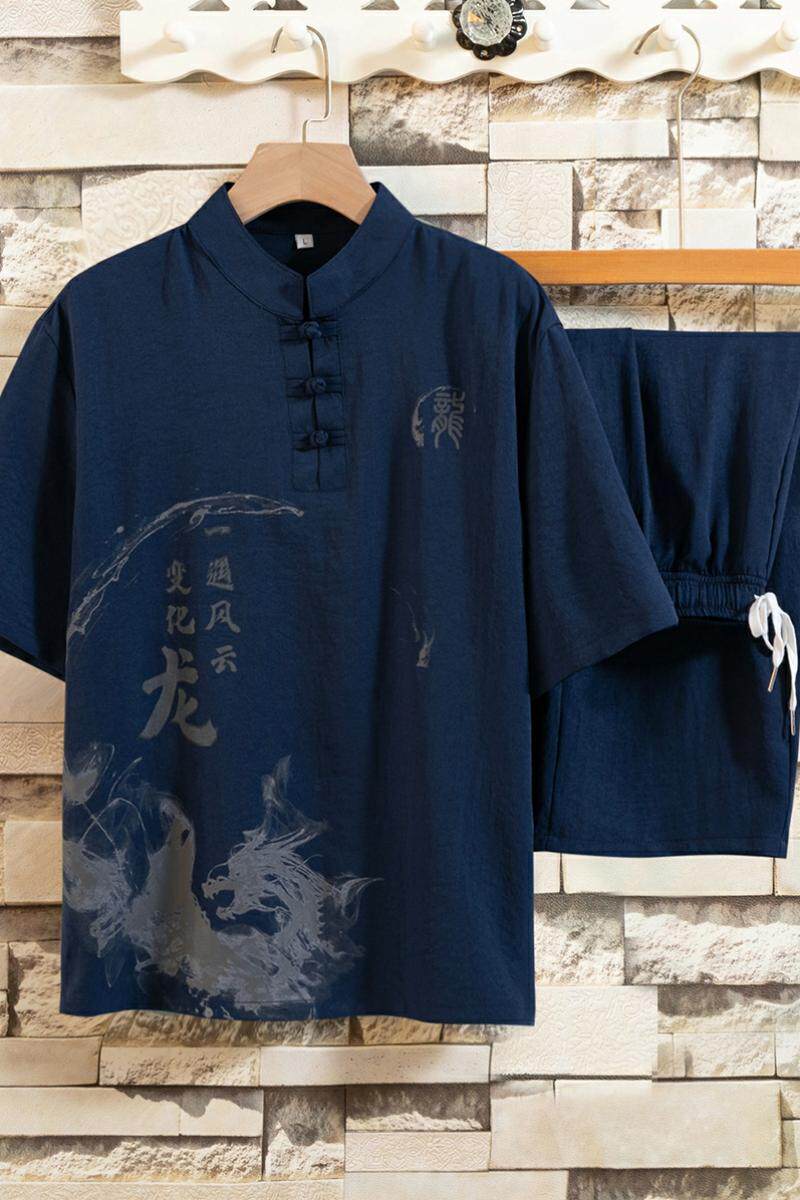 夏季新款男士唐装t恤汉服冰丝套装风短袖佛系衣服男HP45,男装休闲套装,星座1010A-2