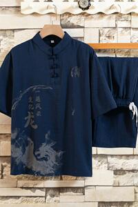 夏季新款男士唐装t恤汉服冰丝套装风短袖佛系衣服男HP45图片