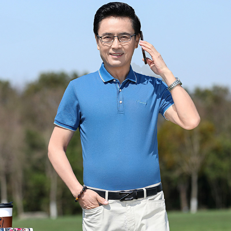 中年爸爸夏装休闲polo衫中老年男士薄款丝光棉短袖t恤 翻领P60