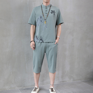 夏季新款男士唐装t恤禅服冰丝套装中裤风短袖衣服男H1689P45图片