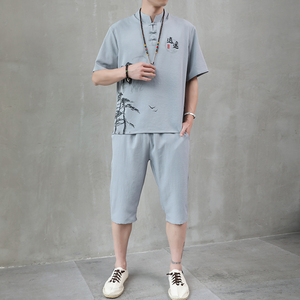 H1687P45夏季冰丝短袖男唐装套装男风汉服两件套中裤工作服
