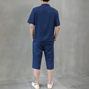 夏季新款男士唐装t恤汉服冰丝套装中裤风短袖衣服男H1689P45图片