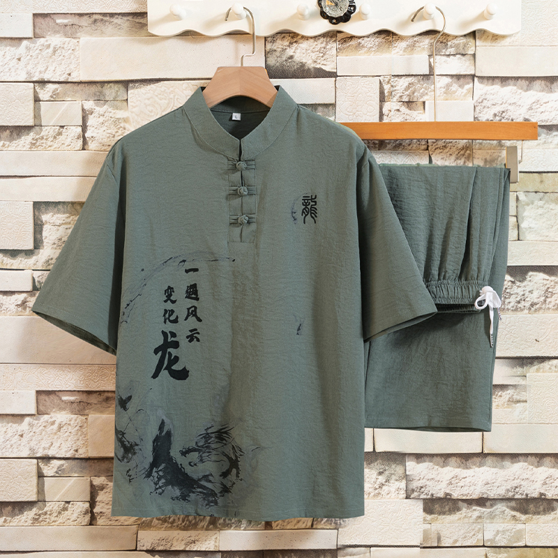 HP45男士唐装t恤套装汉服冰丝套装风短袖佛系衣服男，男装休闲套装，星座1010A-2