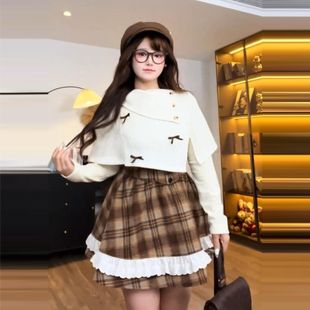 学院新款风结针织衫格纹蕾丝拼接A字裙两件套女春秋季大码套装
