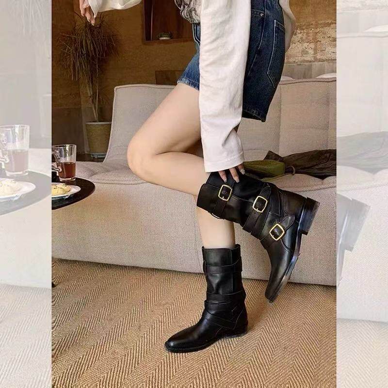 韩版皮带扣机车靴女冬季黑中筒靴圆头低跟骑士靴欧货马丁短靴粗跟