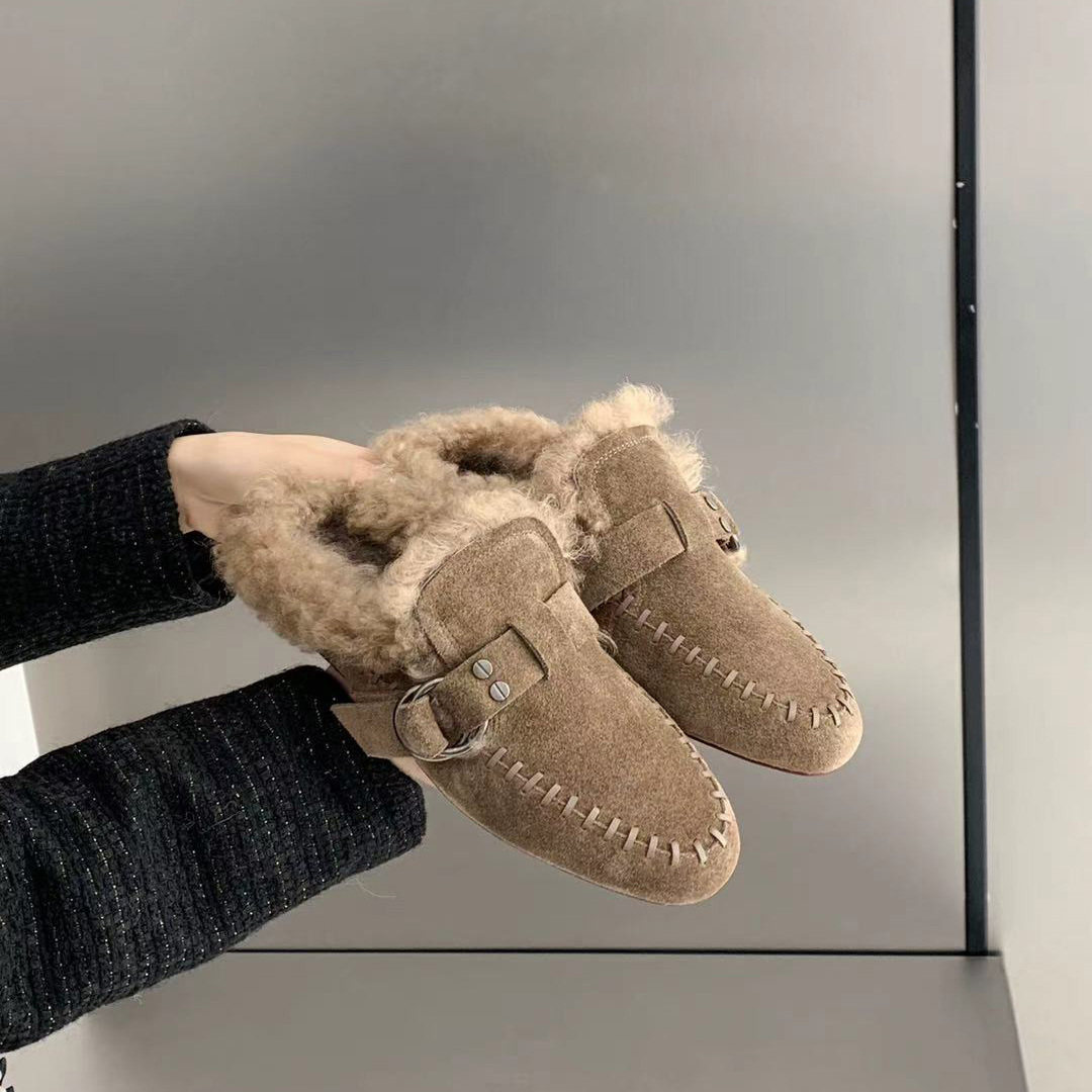 韩版加绒乐福鞋女圆头皮带扣保暖毛毛鞋平底棉鞋包头毛拖鞋羊卷毛
