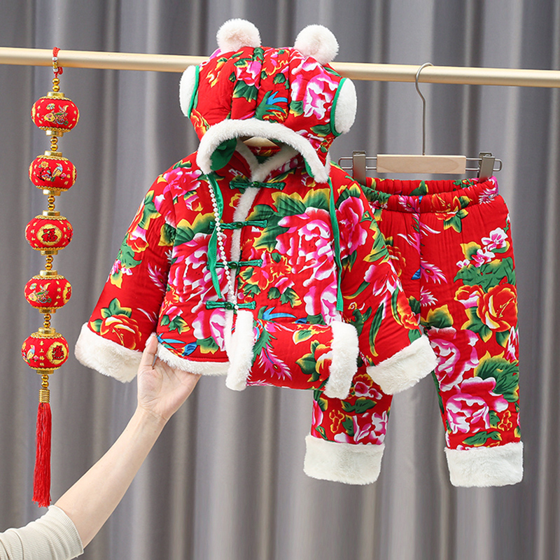 男女童秋冬套装儿童东北大花布棉袄新年装宝宝冬装拜年服新年衣服