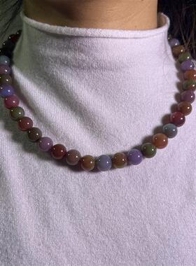 天然原矿满色满肉盐源玛瑙圆珠项链七彩玉圆珠锁骨链女大颗粒南红