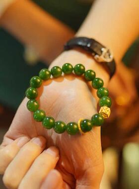 天然俄罗斯碧玉单圈球珠手镯和田玉菠菜绿色太阳绿色翡翠手镯新中