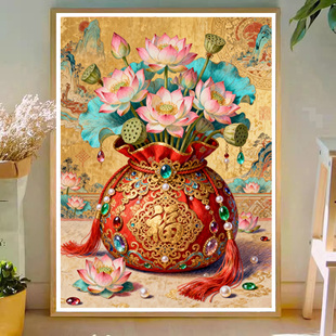 原创版权福袋子和气生财福字锦囊莲花十字绣套件千里江山自己手绣