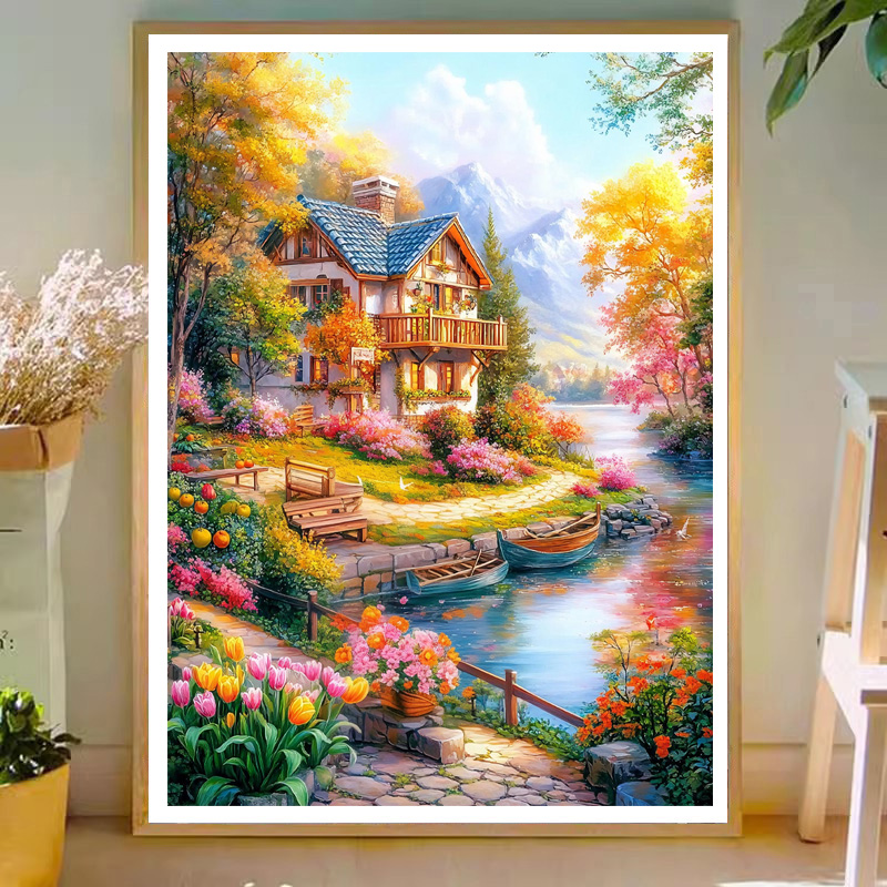 已买版权十字绣线绣客厅餐厅欧式风景科莫湖假期清新手工自己绣