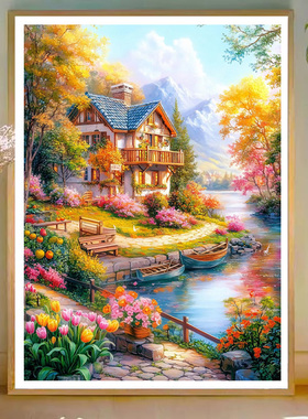 已买版权十字绣线绣客厅餐厅欧式风景科莫湖假期清新手工自己绣