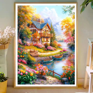 已买版权十字绣线绣客厅餐厅欧式风景科莫湖假期清新手工自己绣