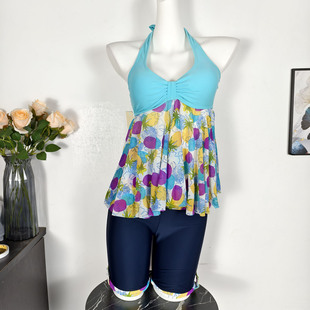 比基尼挂脖露背泳装 无袖 女 印花分体泳衣海边度假游泳四角裤 夏季