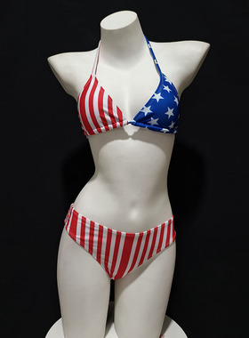 性感小胸绑带比基尼个性拼色挂脖绑带三点式分体泳衣海边度假游泳