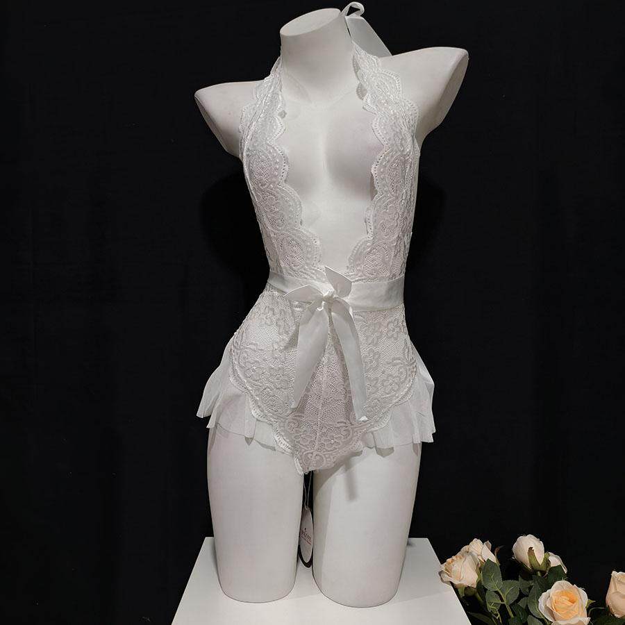 欧美性感蕾丝挂脖连体衣女纯欲风辣妹紧身衣内衣透视一体上衣制服