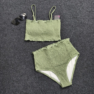 欧美性感褶皱比基尼辣妹三角分体泳衣海边度假游泳拍照带胸垫泳装