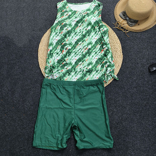 欧美外贸大码泳衣复古印花分体式无袖泳装保守防走光平角裤游泳