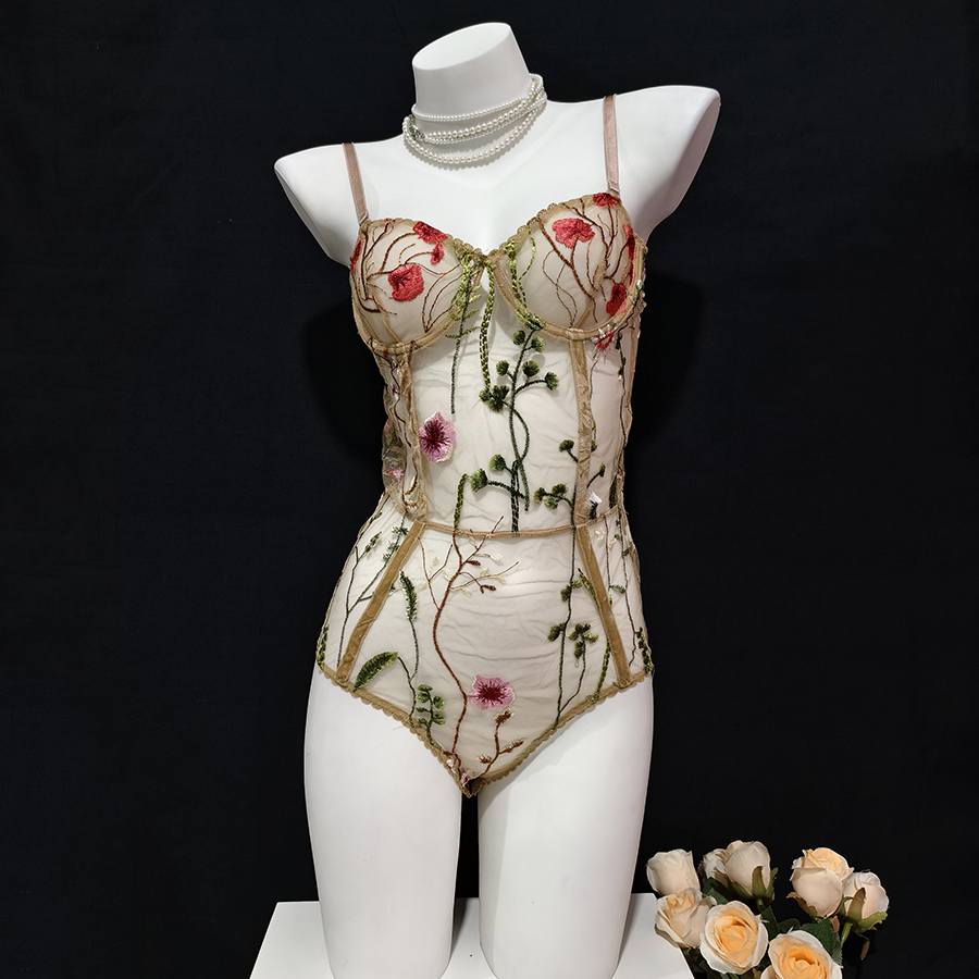 重工刺绣吊带连体衣性感透明蕾丝带钢圈一体式内衣修身上衣女开档