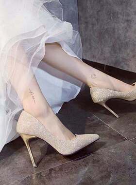33-50 超大码49婚鞋女高跟48金色新娘鞋细跟尖头亮片水晶银色单鞋