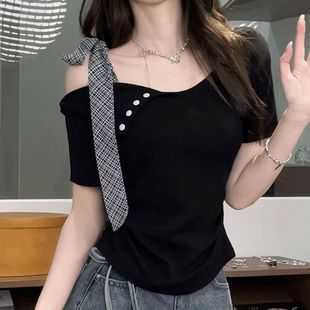 新款 短袖 上衣女夏季 t恤法式 高级感露肩 甜美风绑带蝴蝶结修身