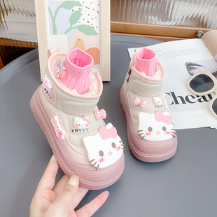 女宝靴子 KT猫棉靴保暖洋气短靴可爱毛毛鞋 儿童加绒雪地靴冬季 新款