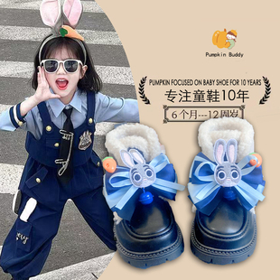 儿童小皮鞋冬季新款公主鞋卡通警官兔女宝高帮鞋软底可爱保暖棉鞋
