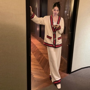 轻奢 法式 羊毛 v领拼接织带开衫 休闲套装 松紧腰阔腿裤 法兰西