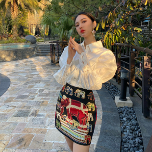 衬衫 奶油白镂空羊腿袖 重工刺绣A字包臀短裙 巴赫嘉蒂 宛宛大大