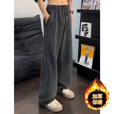美式复古宽松慵懒风加绒直筒裤加厚休闲卫裤男款秋冬季阔腿棉裤子