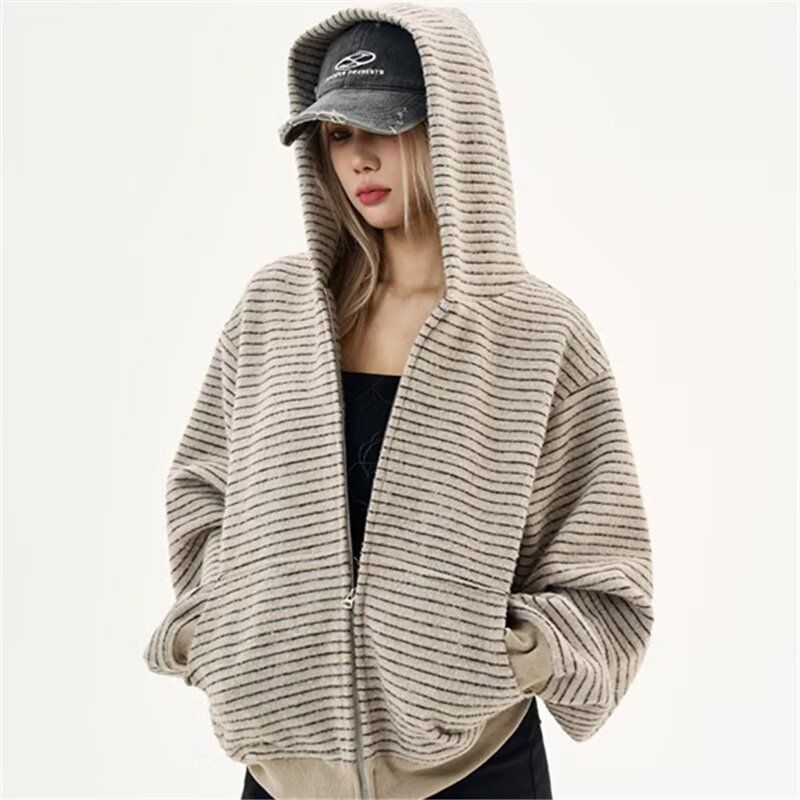 美式复古2025早秋新款条纹拉链开衫连帽卫衣男女情侣重磅外套