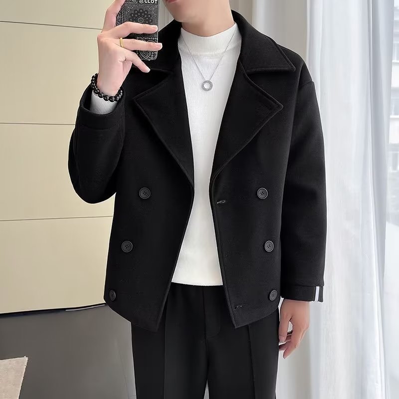 毛呢大衣男士短款呢子外套秋冬季加厚韩版潮流帅气风衣服男生黑色