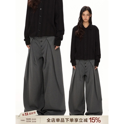 VATTY美式复古cleanfit直筒宽松条纹西裤女排扣压褶老钱风休闲裤