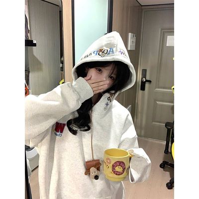 美式复古字母刺绣连帽卫衣女2025秋冬新款宽松慵懒风加绒加厚外套