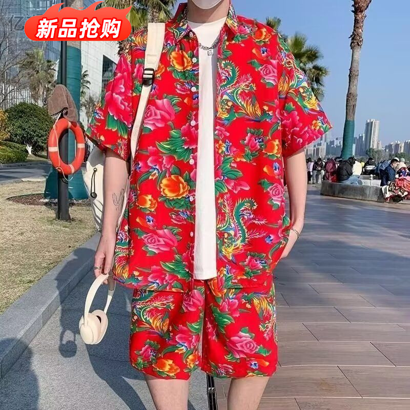 港风复古花衬衫短袖泰式夏威夷风设计感痞帅宽松套装男女