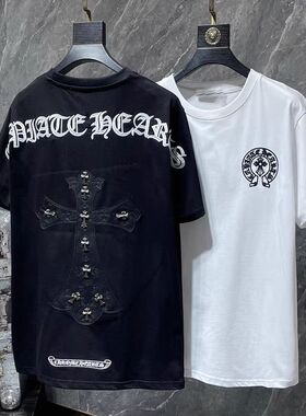 A034立体刺绣PU皮质金属十字架正肩短袖大码男装M4XLP36