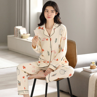 体会内衣纯棉睡衣女秋冬纯棉长袖秋冬新款全棉女开衫家居服2件套