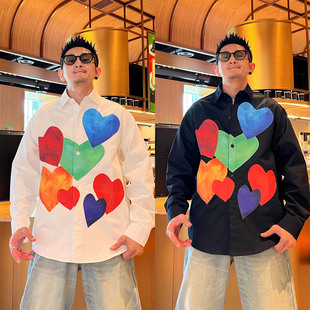 时尚 衬衫 个性 翻领长袖 男 小众撞色爱心设计感潮流帅气开衫 春秋新款